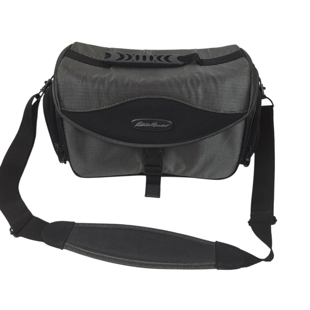 Vtg 90s Eddie Bauer  Camera Shoulder Bag Black/Gray Nylon Lg 14x7x7 w Pockets